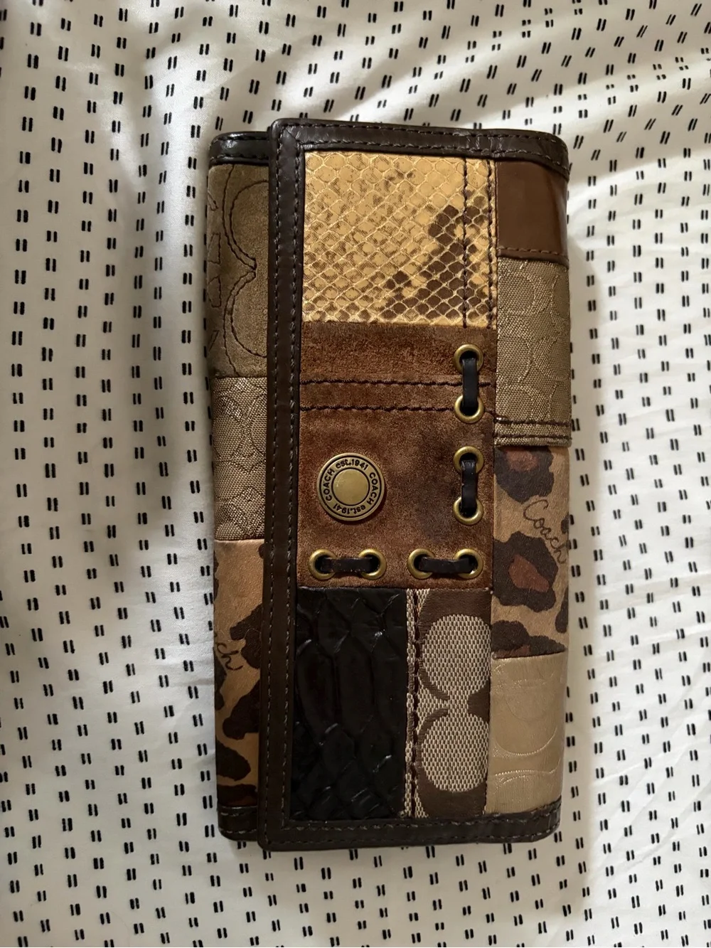 Coach Patchwork Leather & Fabric Trifold Wallet in Brown Tones